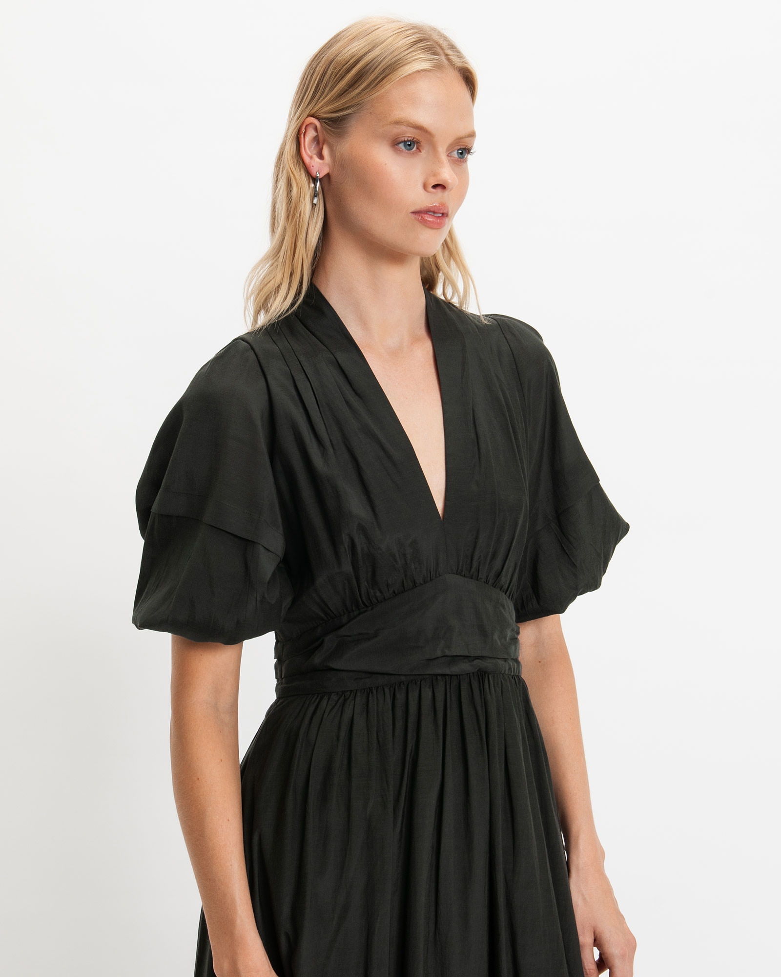 Dresses  | V-Neck Gathered Waist Maxi Dress | 990 Black