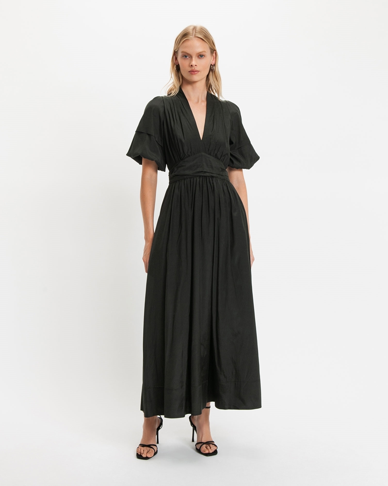 Dresses | V-Neck Gathered Waist Maxi Dress | 990 Black
