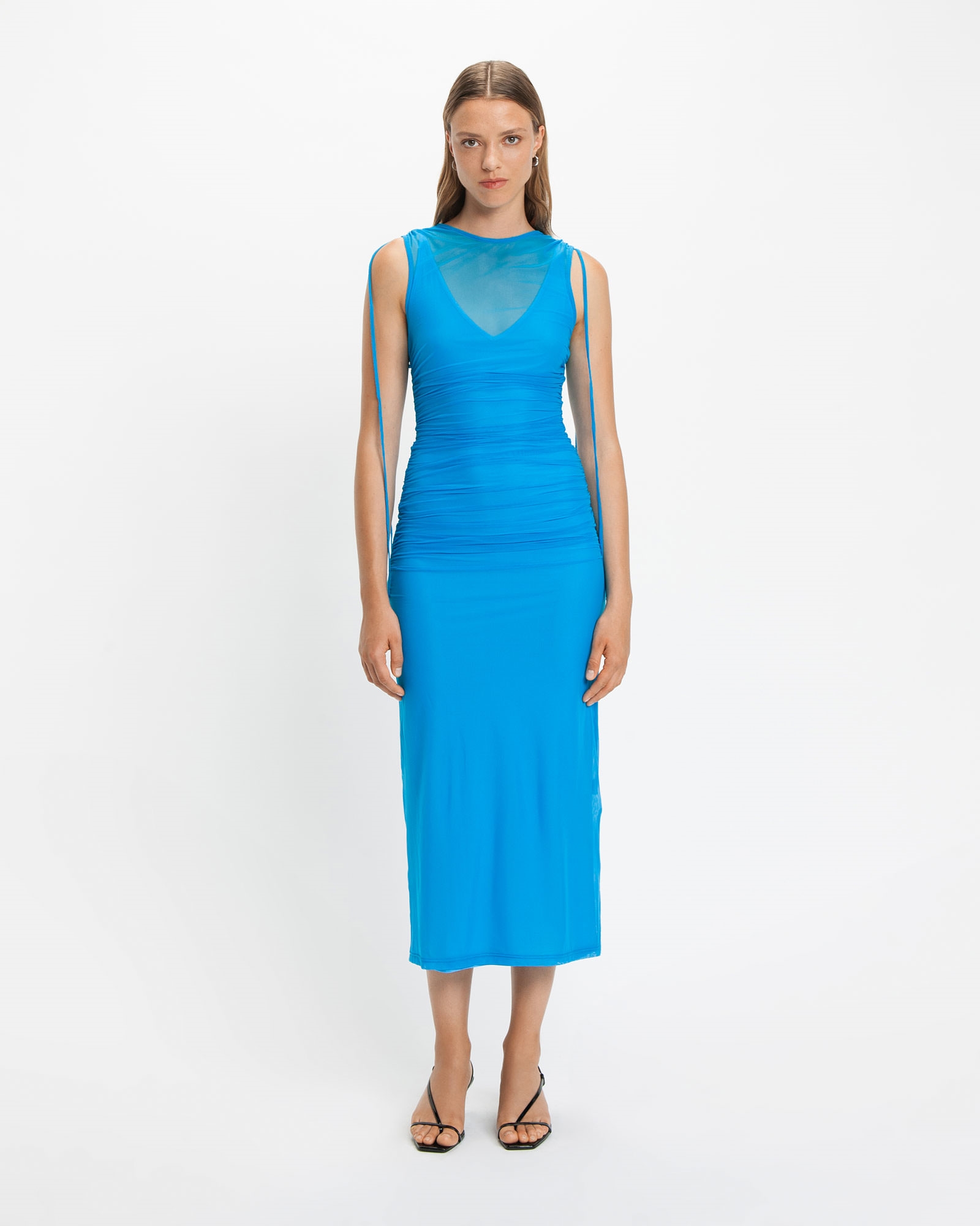 Sale | Tie Detail Mesh Midi Dress | 721 Blue Jewel