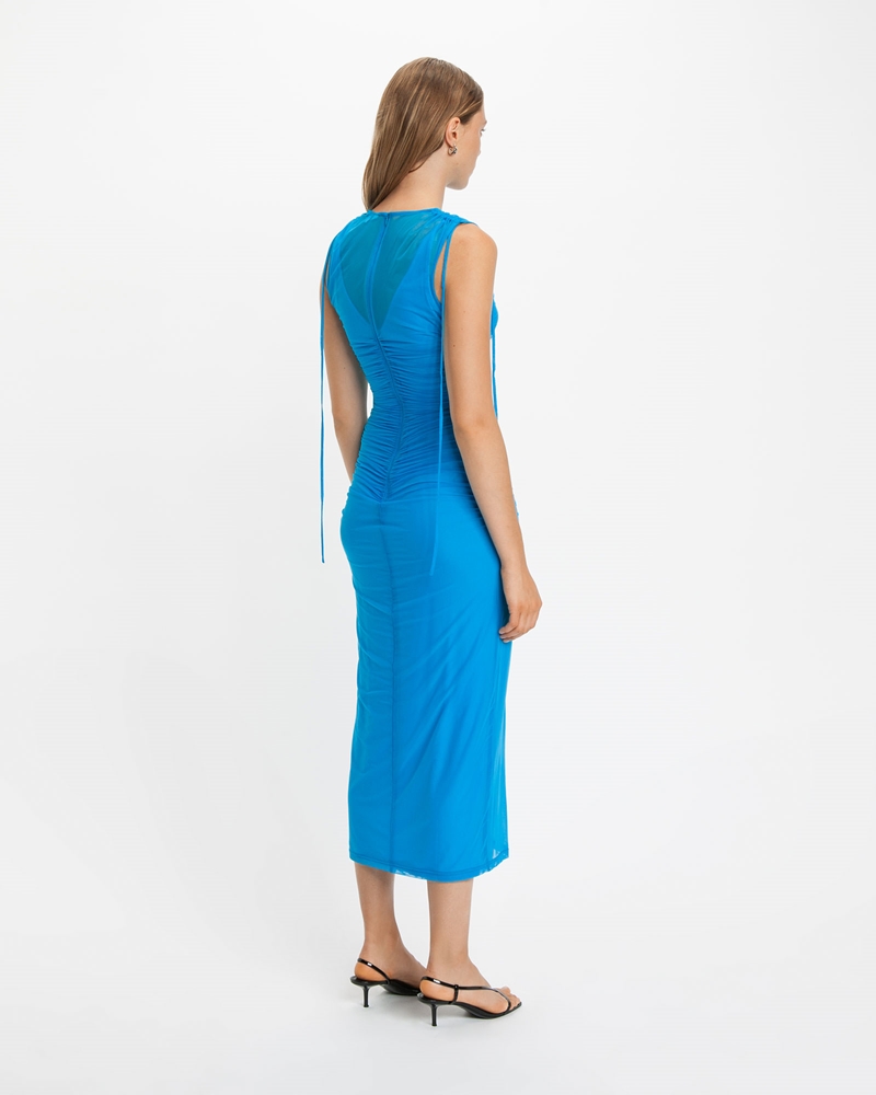 Dresses  | Tie Detail Mesh Midi Dress | 721 Blue Jewel