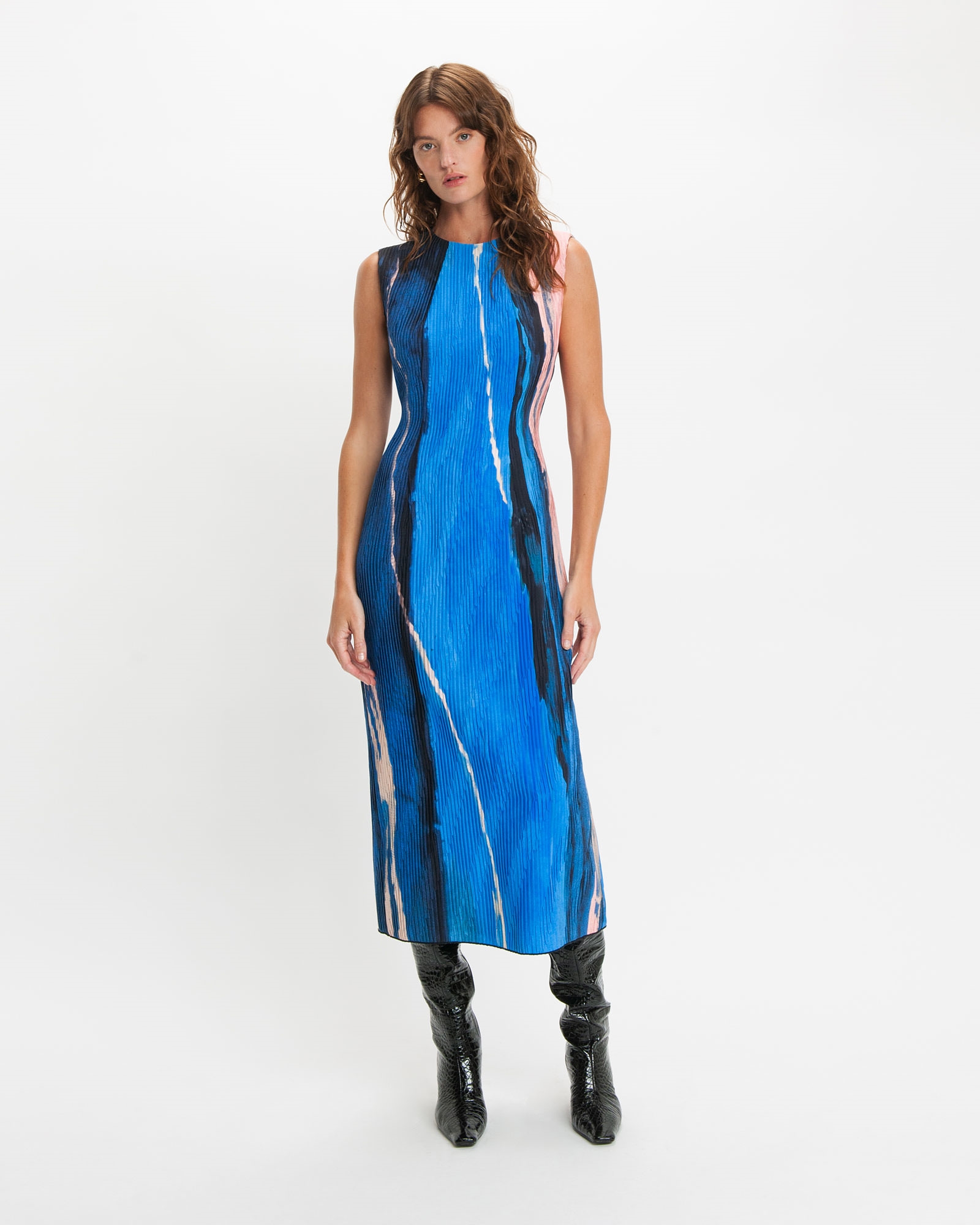 Sale | Brushstroke Plisse Column Dress | 731 Azure