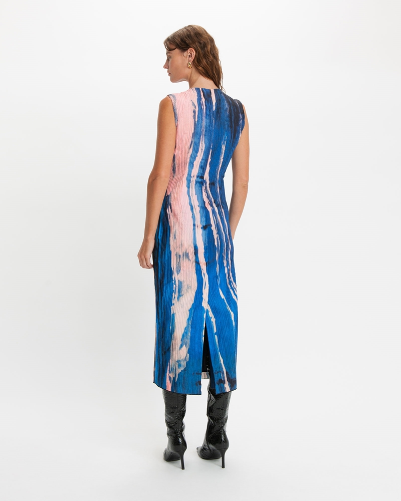 Dresses  | Brushstroke Plisse Column Dress | 731 Azure