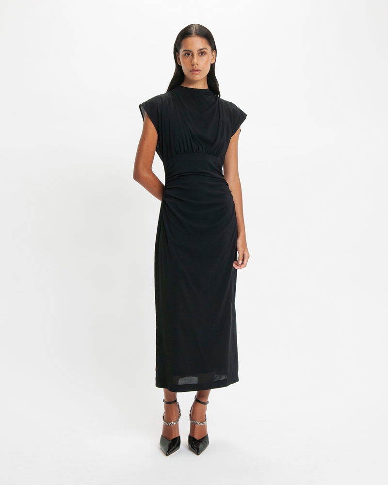 Dresses | Draped Neck Ruched Waist Dress | 990 Black