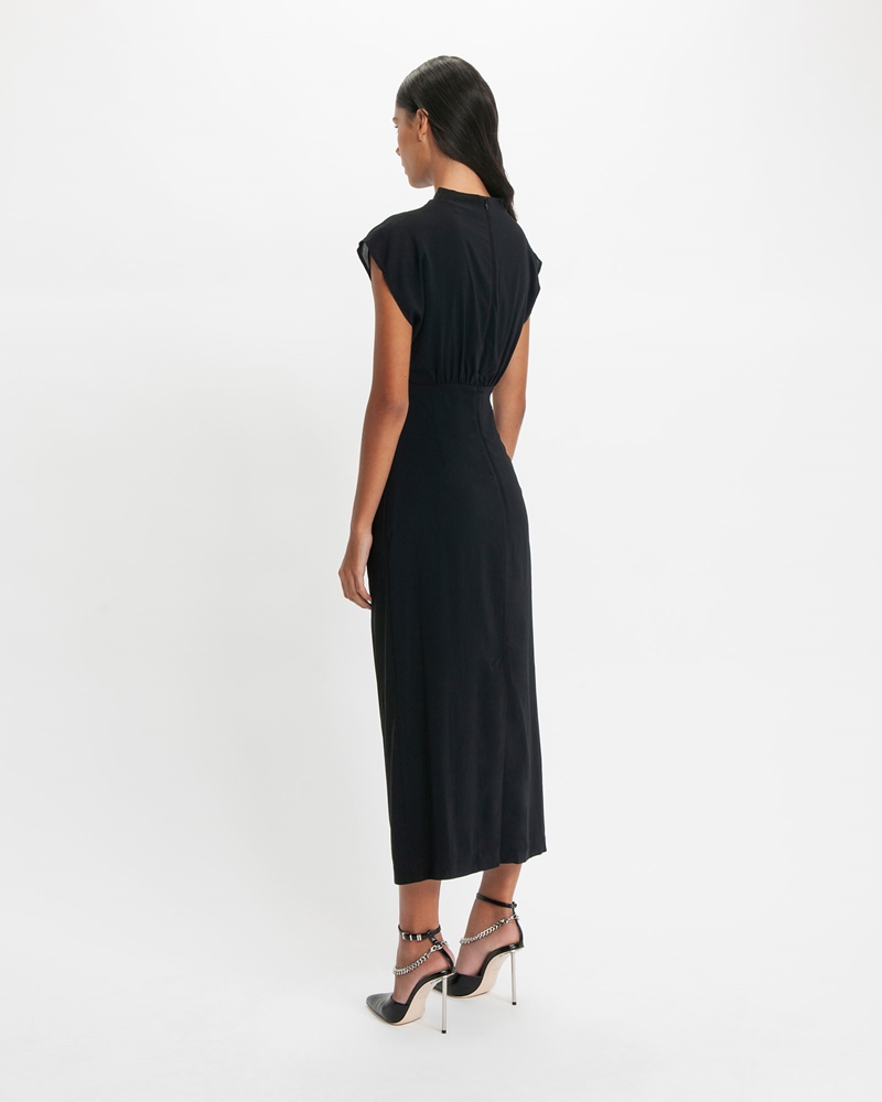 Dresses  | Draped Neck Ruched Waist Dress | 990 Black
