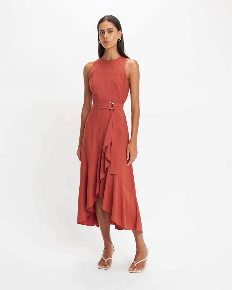 Dresses | Belted Flounce Midi Dress  | 856 Clay