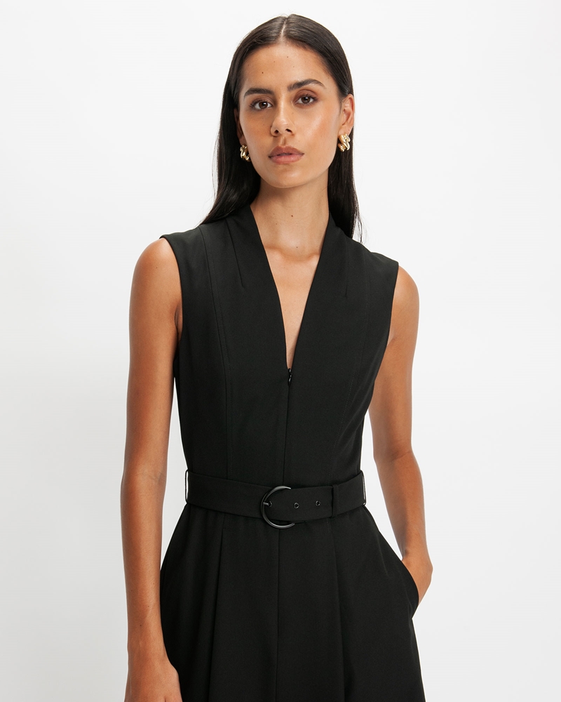 Dresses | Pleat Front Belted Midi Dress | 990 Black