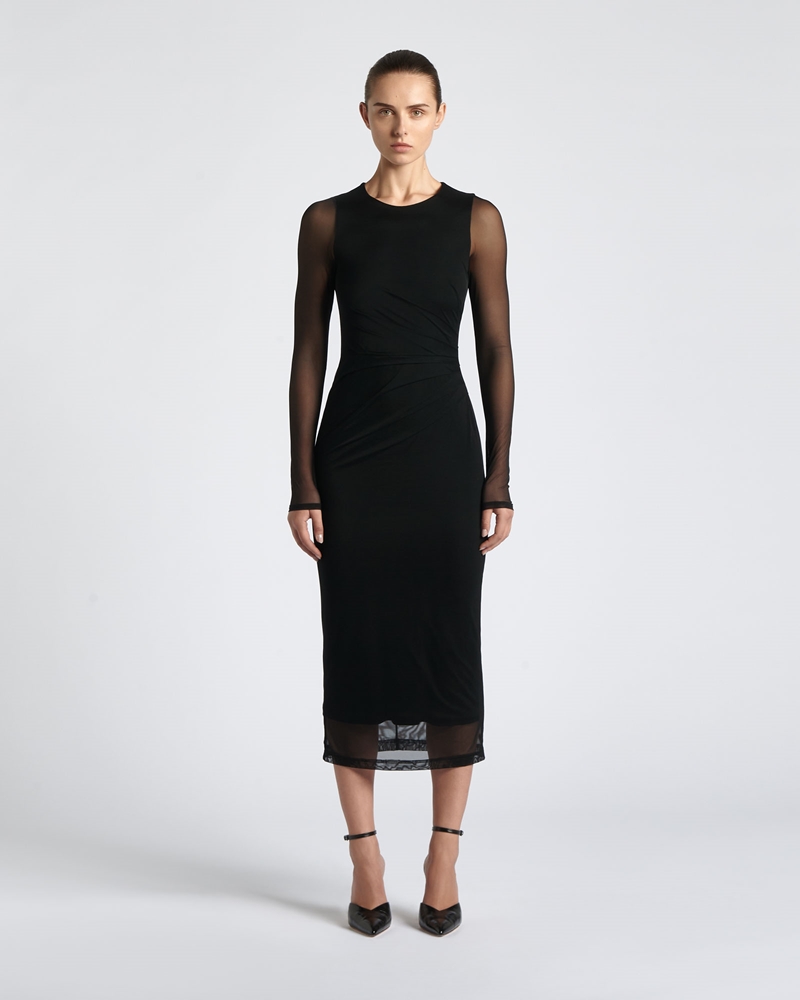 Dresses | Gathered Mesh Pencil Dress | 990 Black