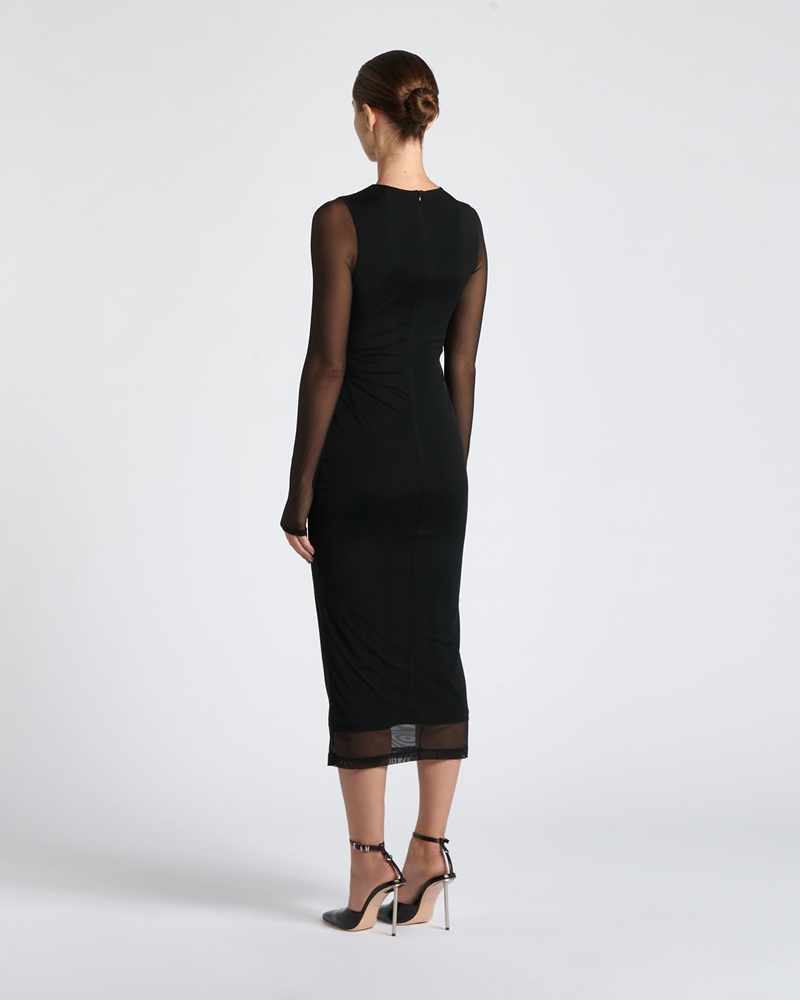 Occasionwear  | Gathered Mesh Pencil Dress | 990 Black