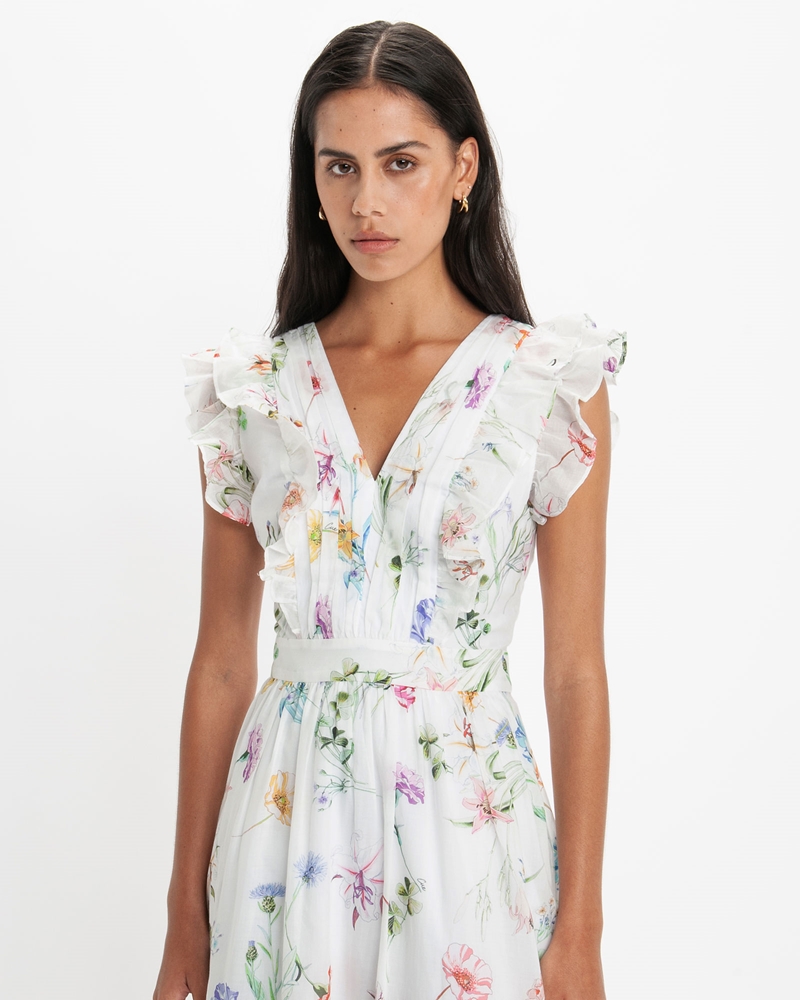 Dresses | Botanical Floral Frill Midi Dress | 100 White