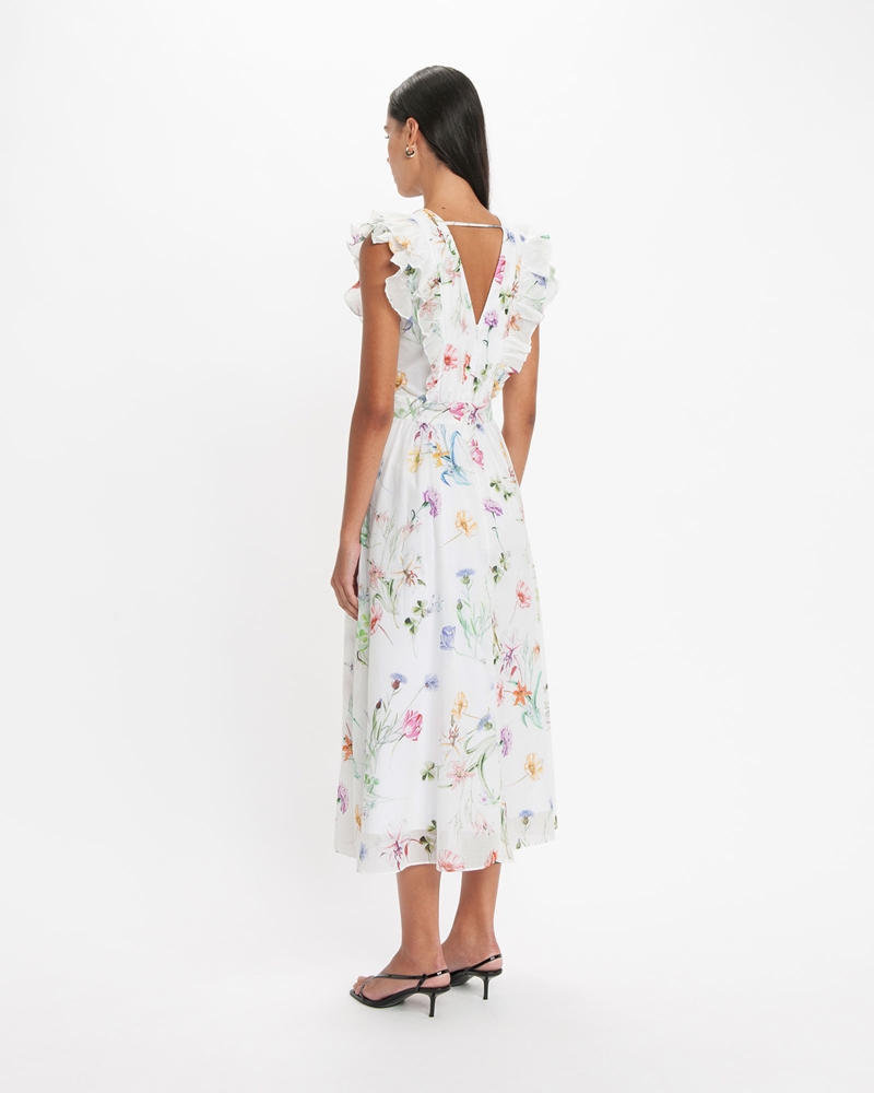 Dresses  | Botanical Floral Frill Midi Dress | 100 White