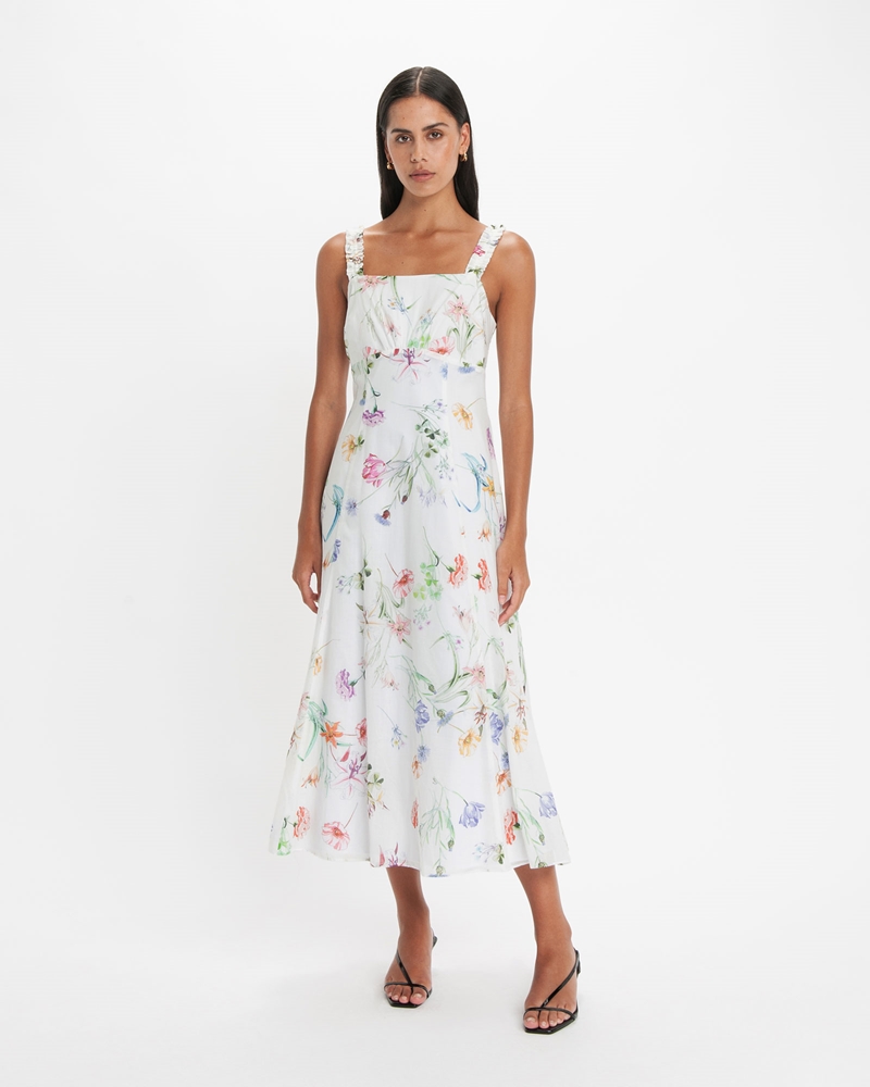 Dresses | Botanical Floral Midi Dress | 100 White