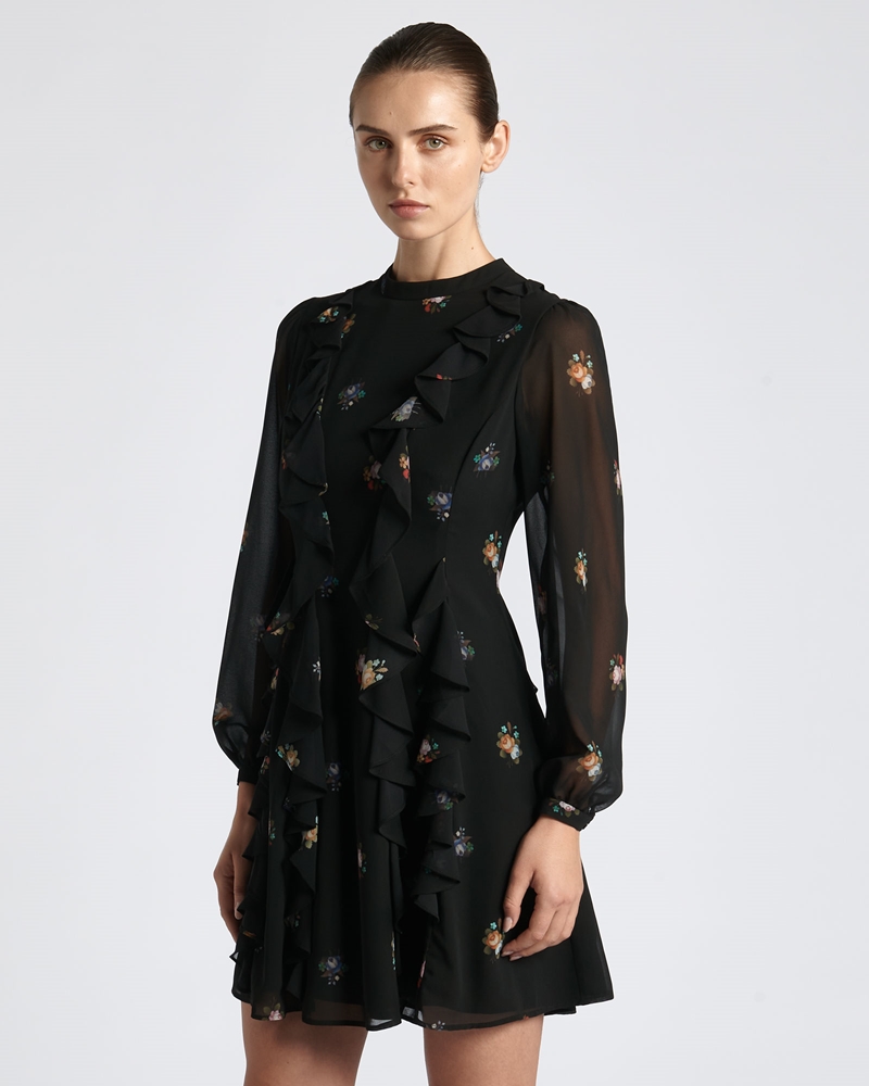 Dresses  | Midnight Garden Frill Mini Dress | 990 Black