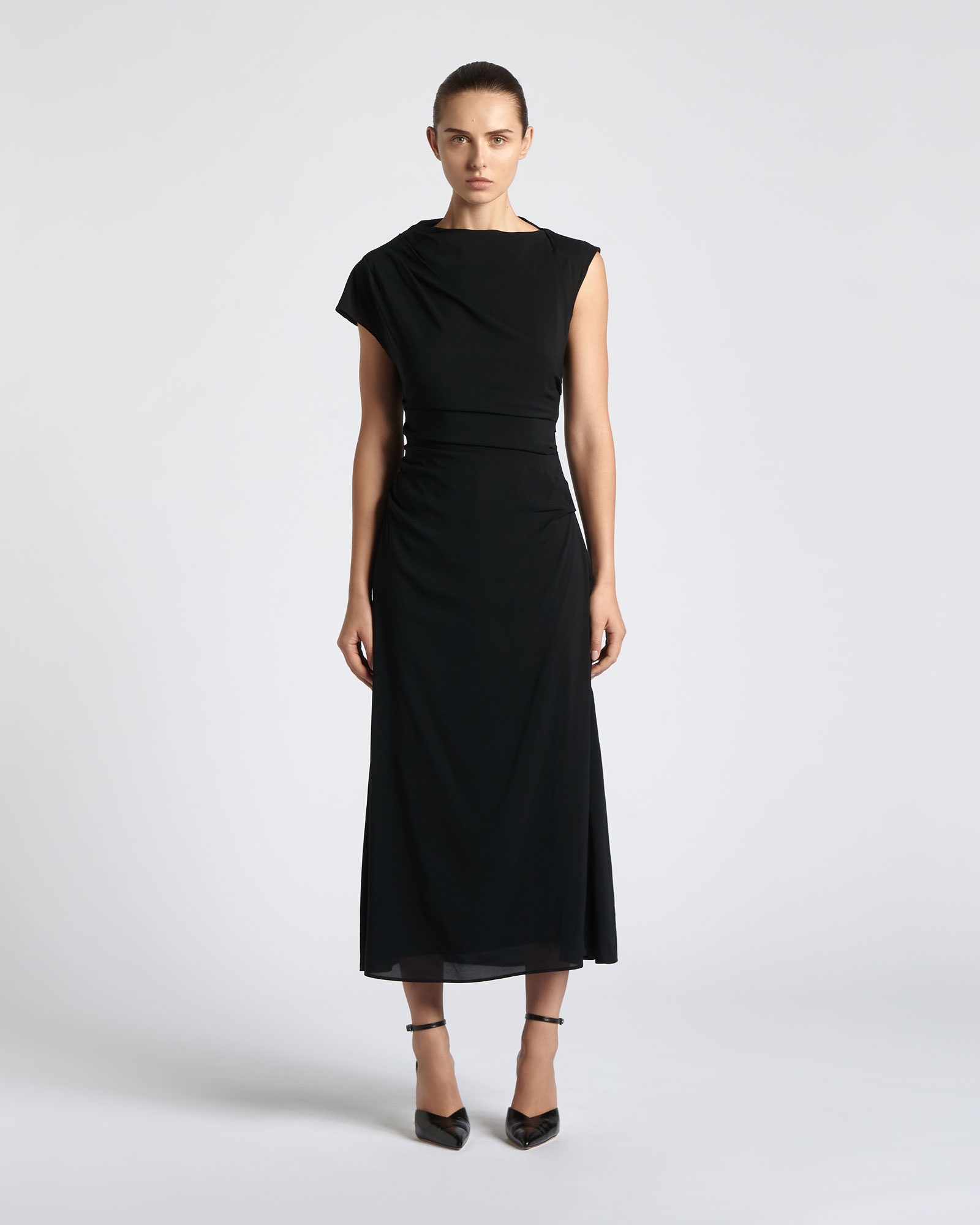 Occasionwear | Asymmetric Draped Midi Dress | 990 Black