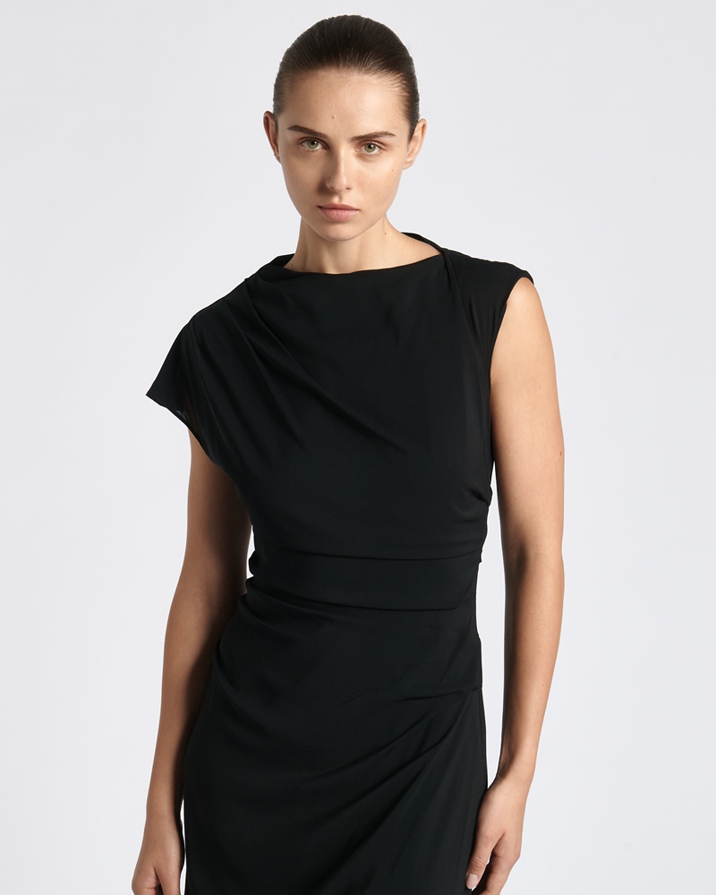 Occasionwear  | Asymmetric Draped Midi Dress | 990 Black