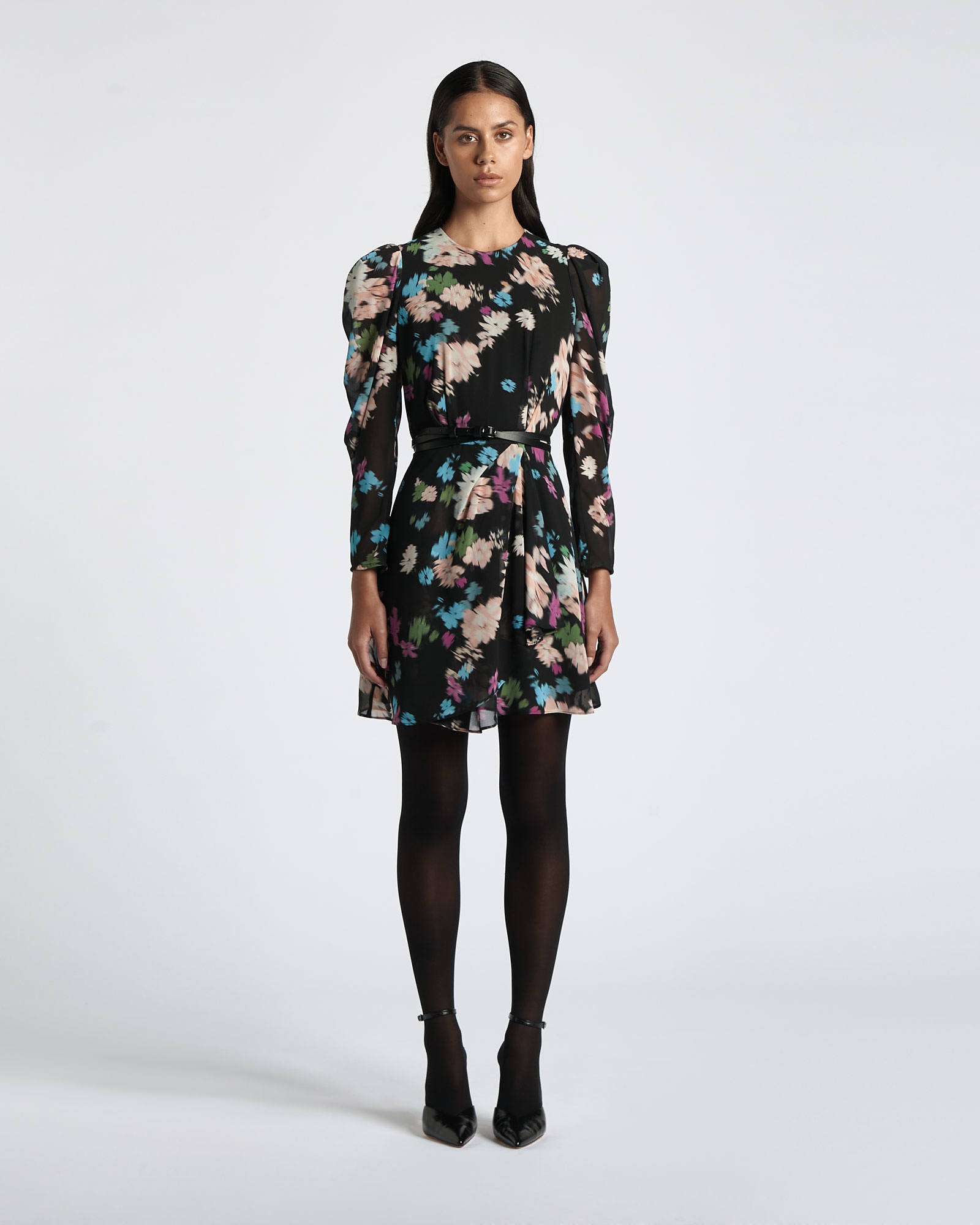 Dresses | Scattered Floral Long Sleeve Mini Dress | 990 Black