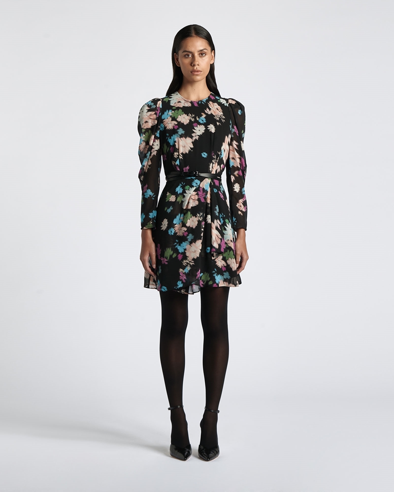 New Arrivals | Scattered Floral Long Sleeve Mini Dress | 990 Black
