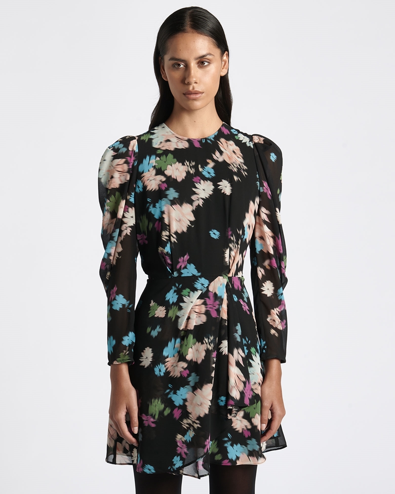 New Arrivals | Scattered Floral Long Sleeve Mini Dress | 990 Black