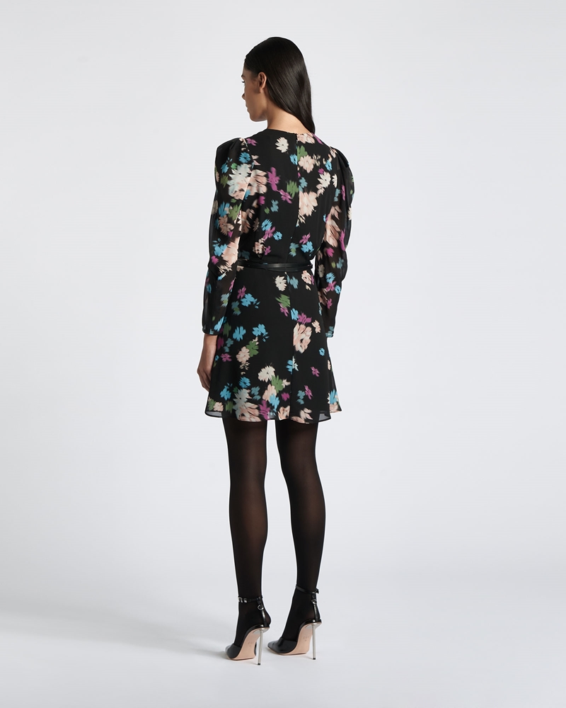 Dresses  | Scattered Floral Long Sleeve Mini Dress | 990 Black