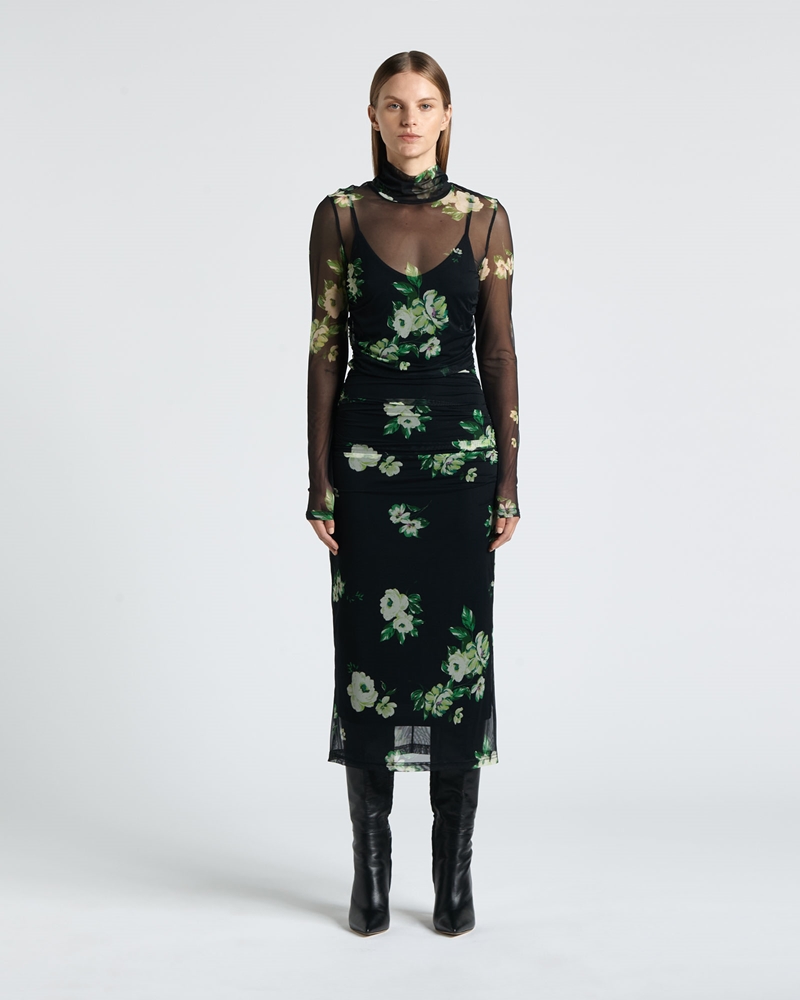 Dresses | Green Rose Mesh Midi Dress | 780 Ink