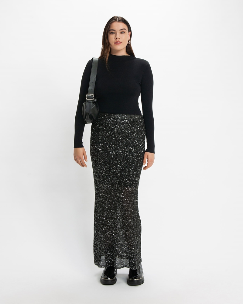 Skirts | Sequin Knit Maxi | 980 Silver Black