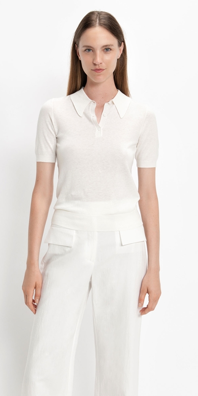 Knitwear  | Short Sleeve Polo Collar Knit | 100 White
