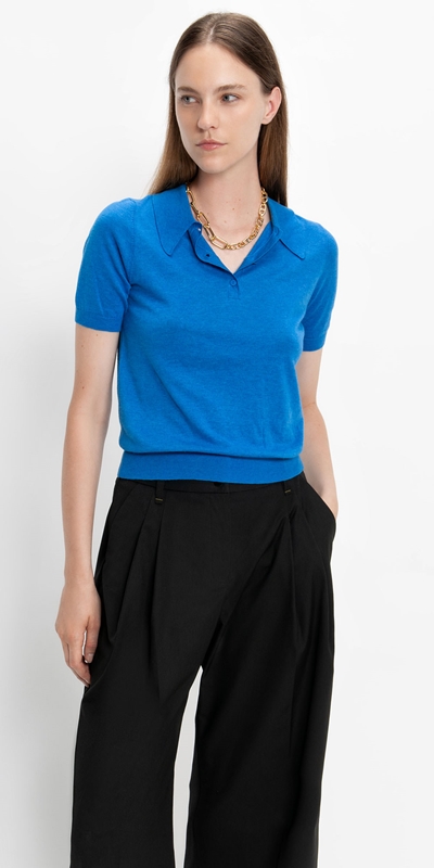 Cue Cares - Sustainable  | Short Sleeve Polo Collar Knit | 710 Blue