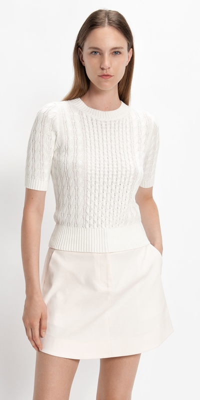 Cue Cares - Sustainable  | Short Sleeve Cable Knit Sweater | 100 White