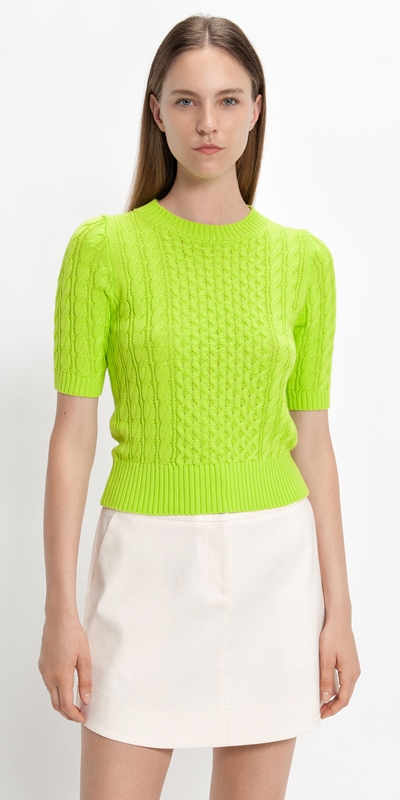 Cue Cares - Sustainable  | Short Sleeve Cable Knit Sweater | 309 Lime