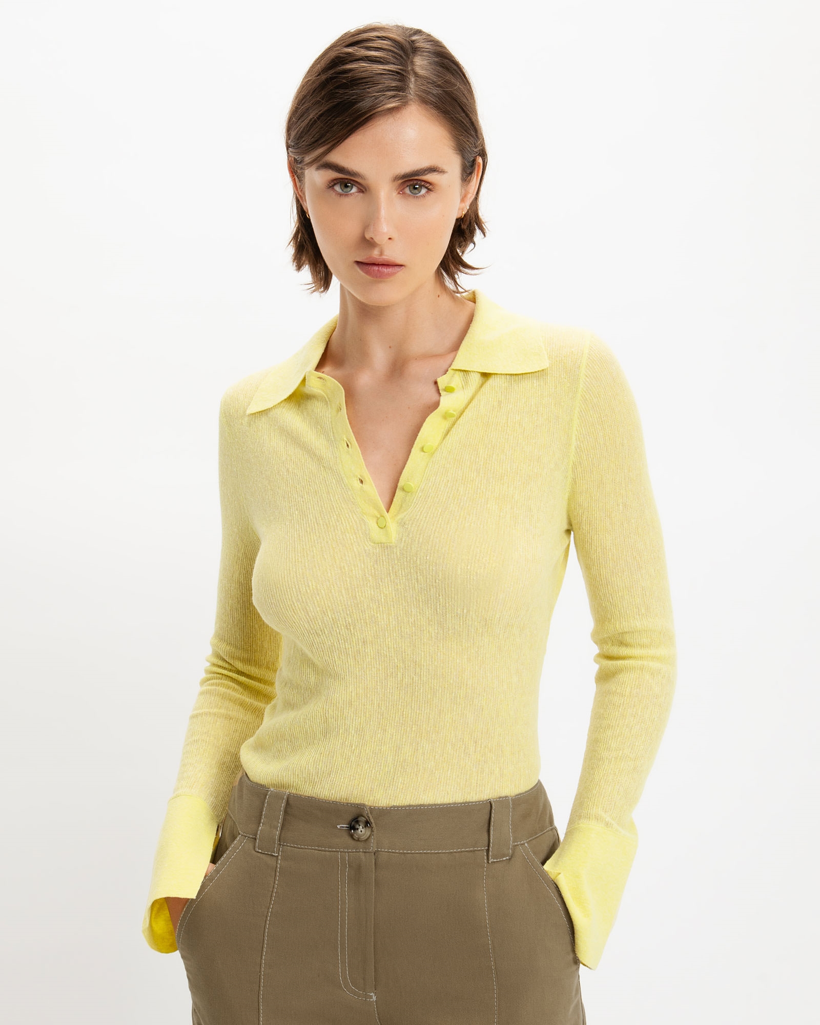 Tops and Shirts | Sheer Crepe Polo Collar Knit | 168 Lemongrass