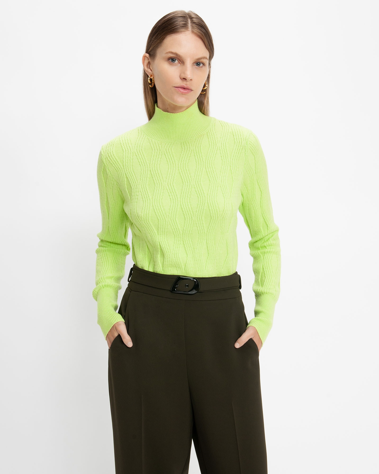 Knitwear | Textured Wave Funnel Neck Sweater | 352 Soft Lime