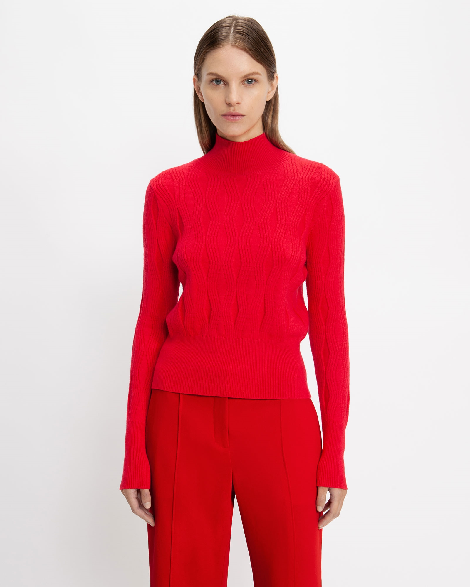Knitwear | Textured Wave Funnel Neck Sweater | 660 Red