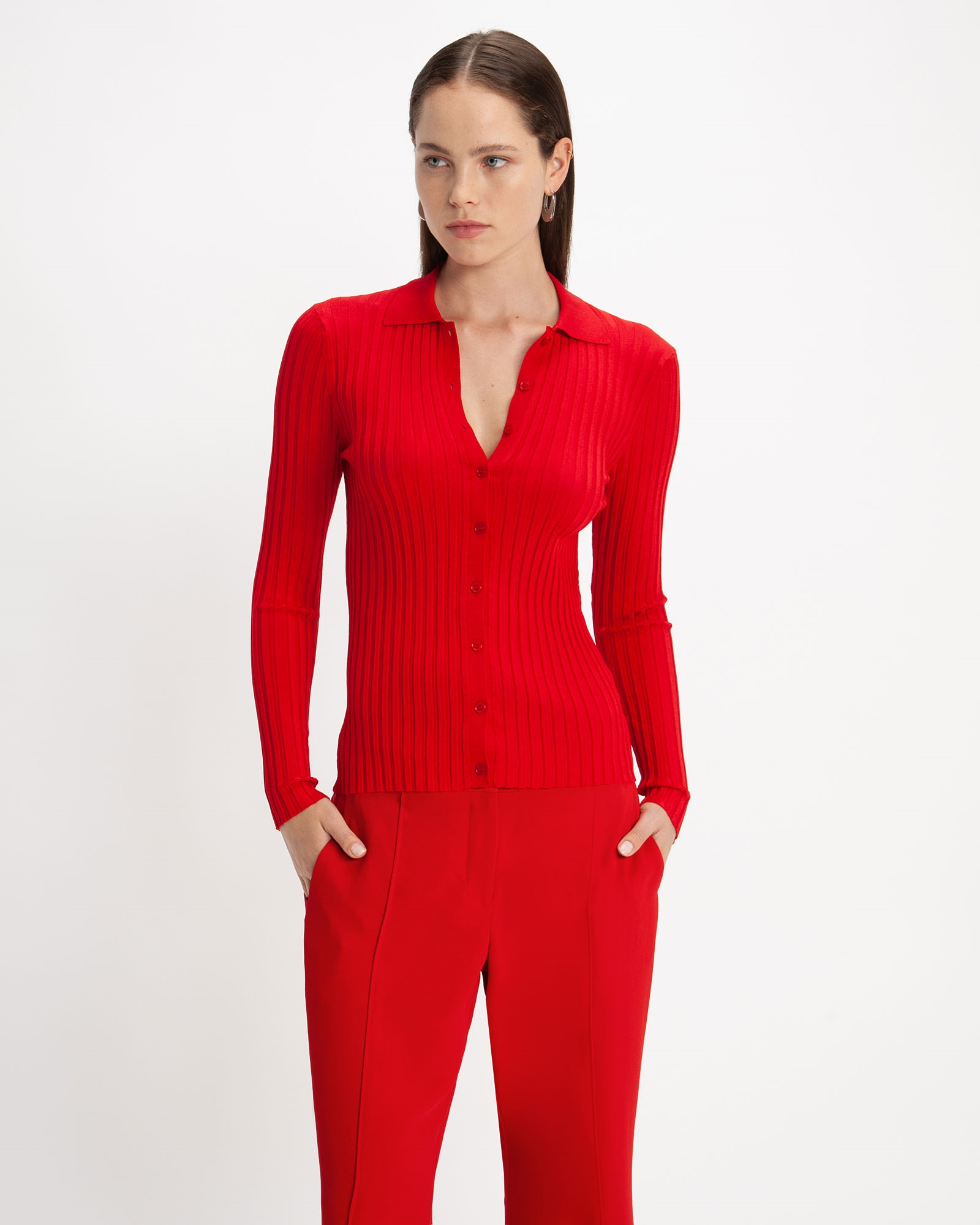 Knitwear | Polo Collar Slinky Rib Knit | 660 Red