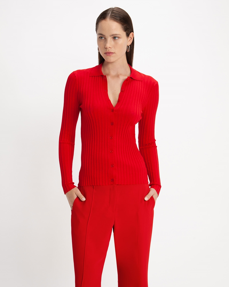 Tops and Shirts | Polo Collar Slinky Rib Knit | 660 Red