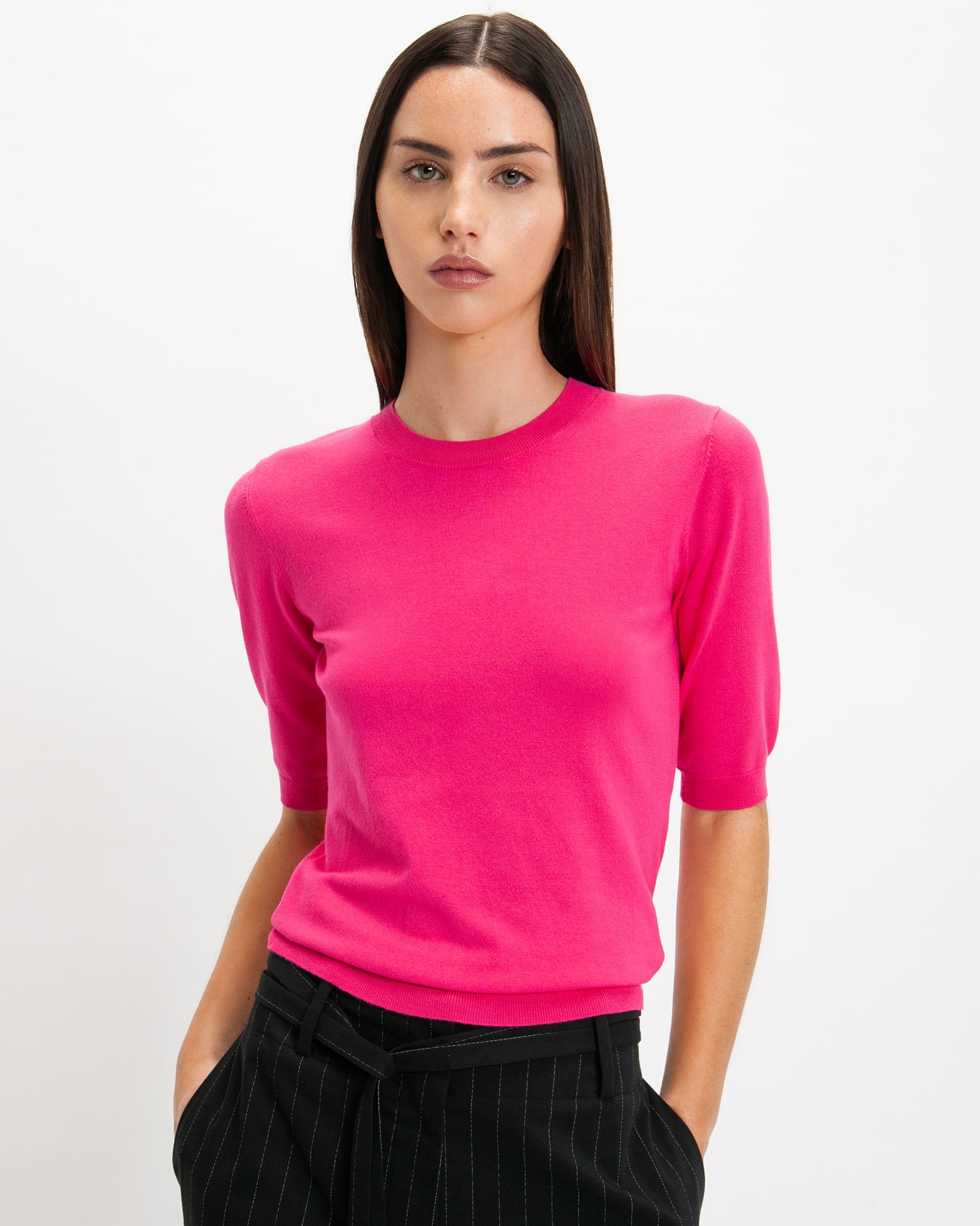 Tops and Shirts | Elbow Sleeve Round Neck Knit | 519 Hot Pink