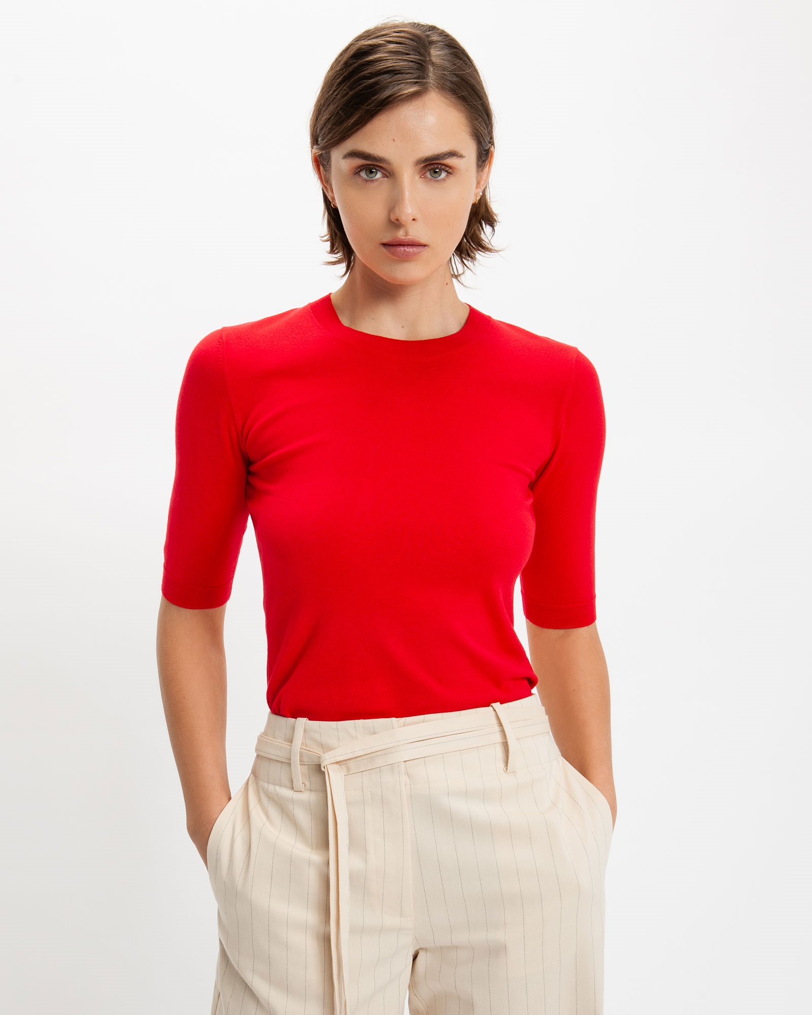 Tops and Shirts | Elbow Sleeve Round Neck Knit | 628 Tabasco