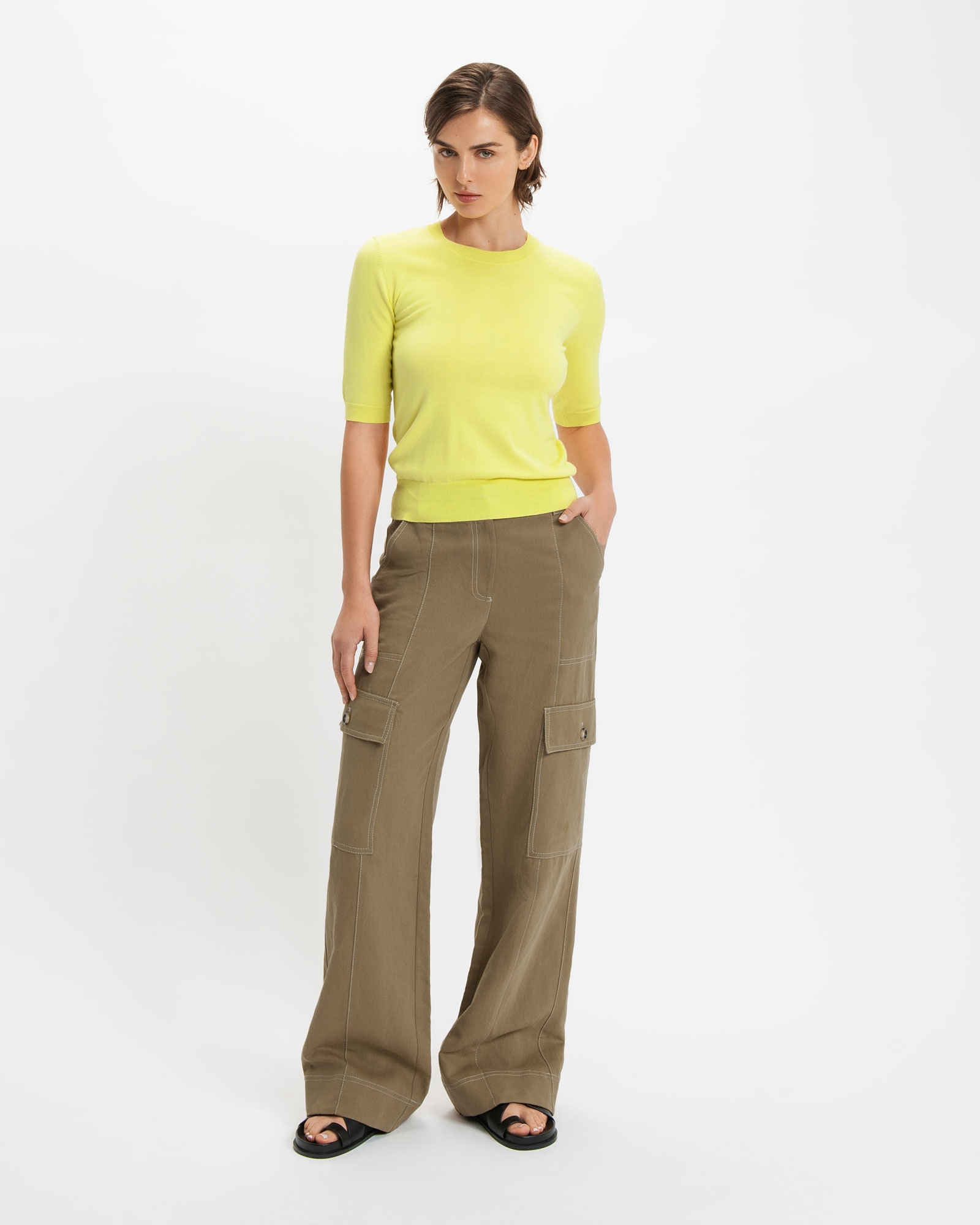 Tops and Shirts | Elbow Sleeve Round Neck Knit | 200 Lemon