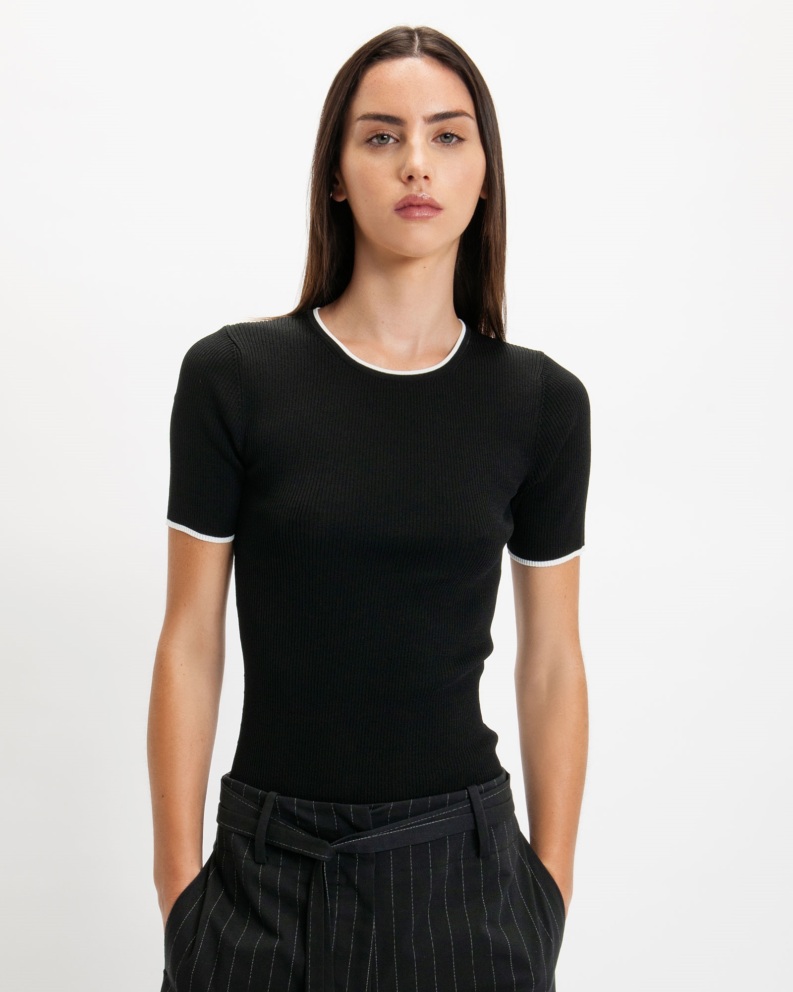 Tops and Shirts | Ribbed Contrast Trim Knit | 990 Black