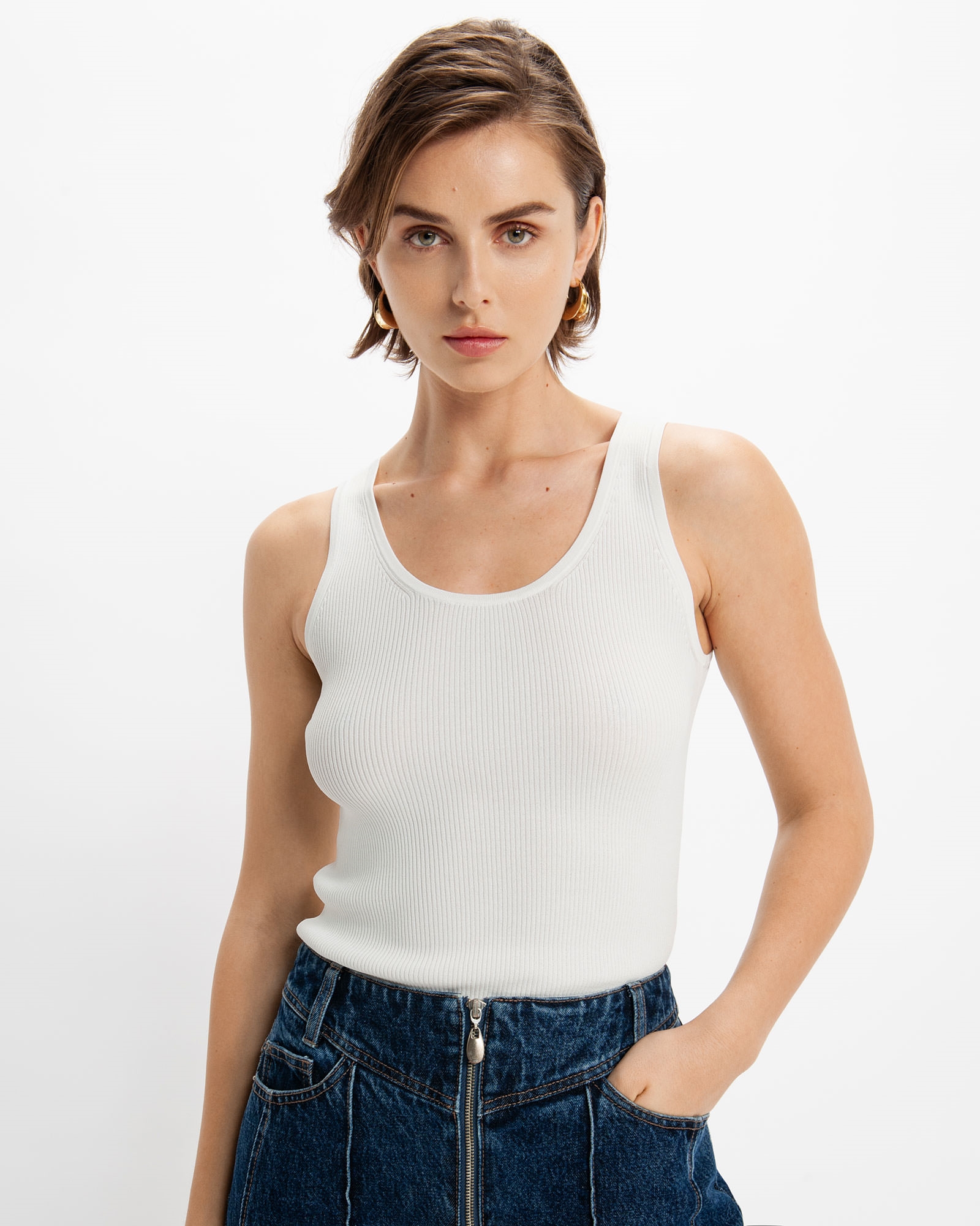 Tops and Shirts  | Scoop Neck Ribbed Knit Tank | 100 White