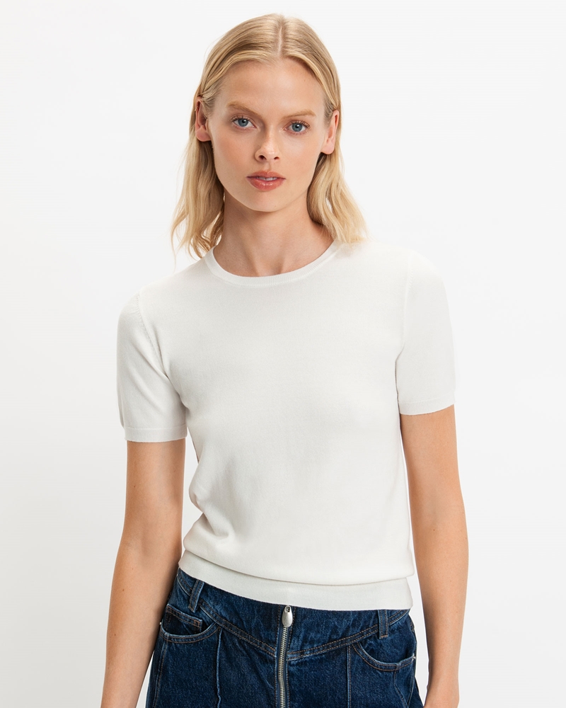 Tops and Shirts | Short Sleeve Round Neck Knit | 100 White