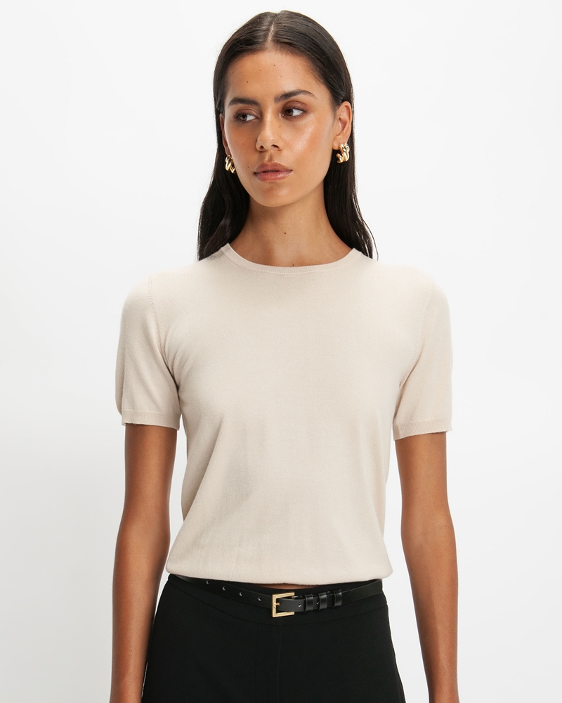 Tops and Shirts | Short Sleeve Round Neck Knit | 154 Wheat