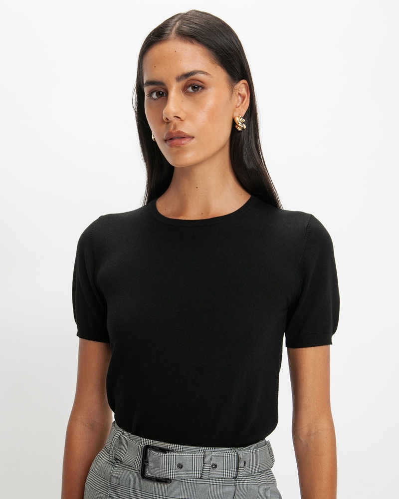 Tops and Shirts | Black Short Sleeve Round Neck Knit | 990 Black