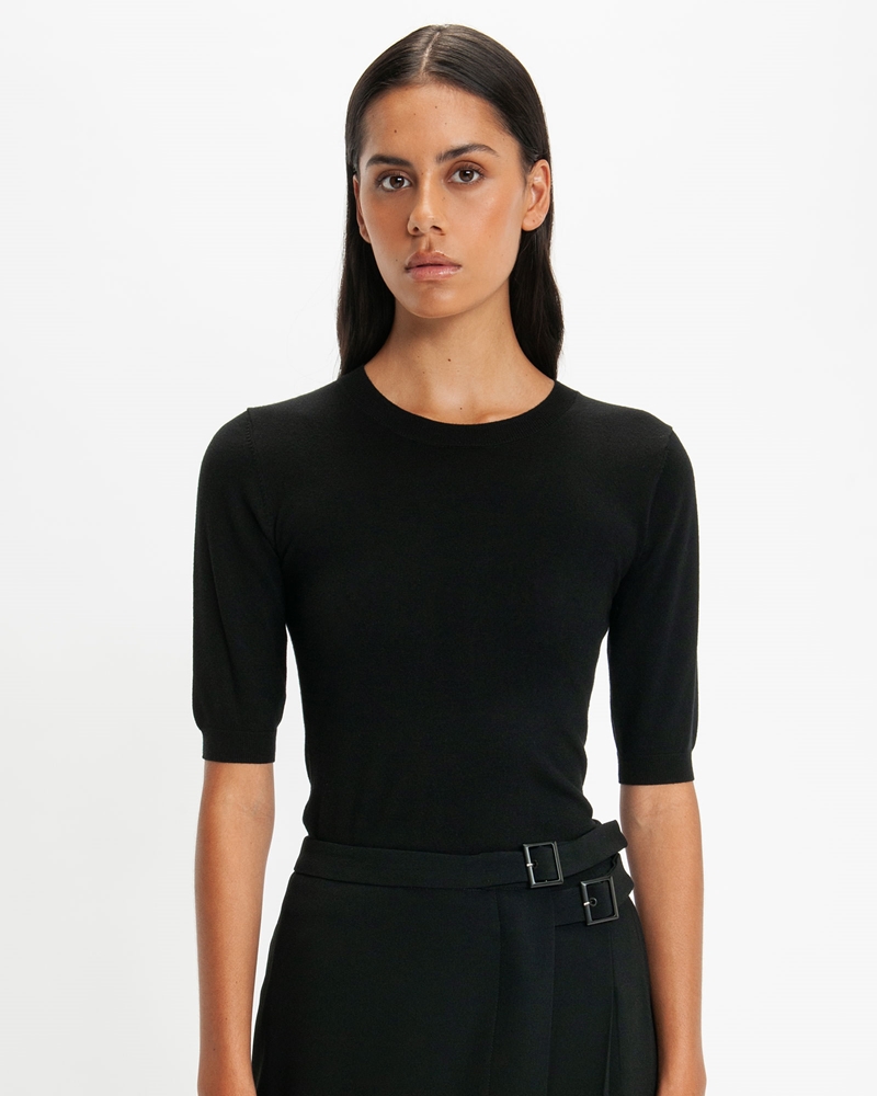 Tops and Shirts | Black Elbow Sleeve Round Neck Knit  | 990 Black