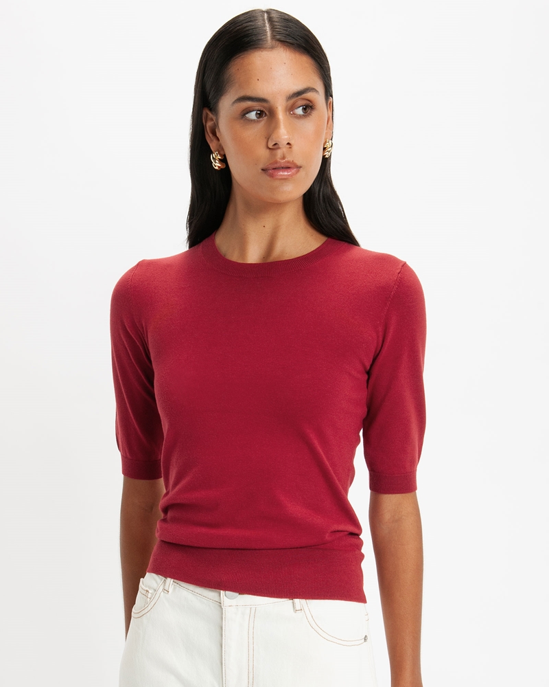Knitwear | Elbow Sleeve Round Neck Knit | 600 Berry