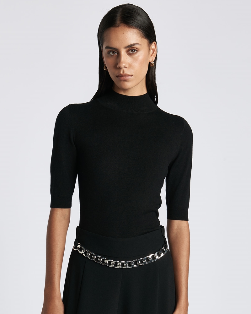 Tops and Shirts | Black Elbow Sleeve Funnel Neck Knit | 990 Black
