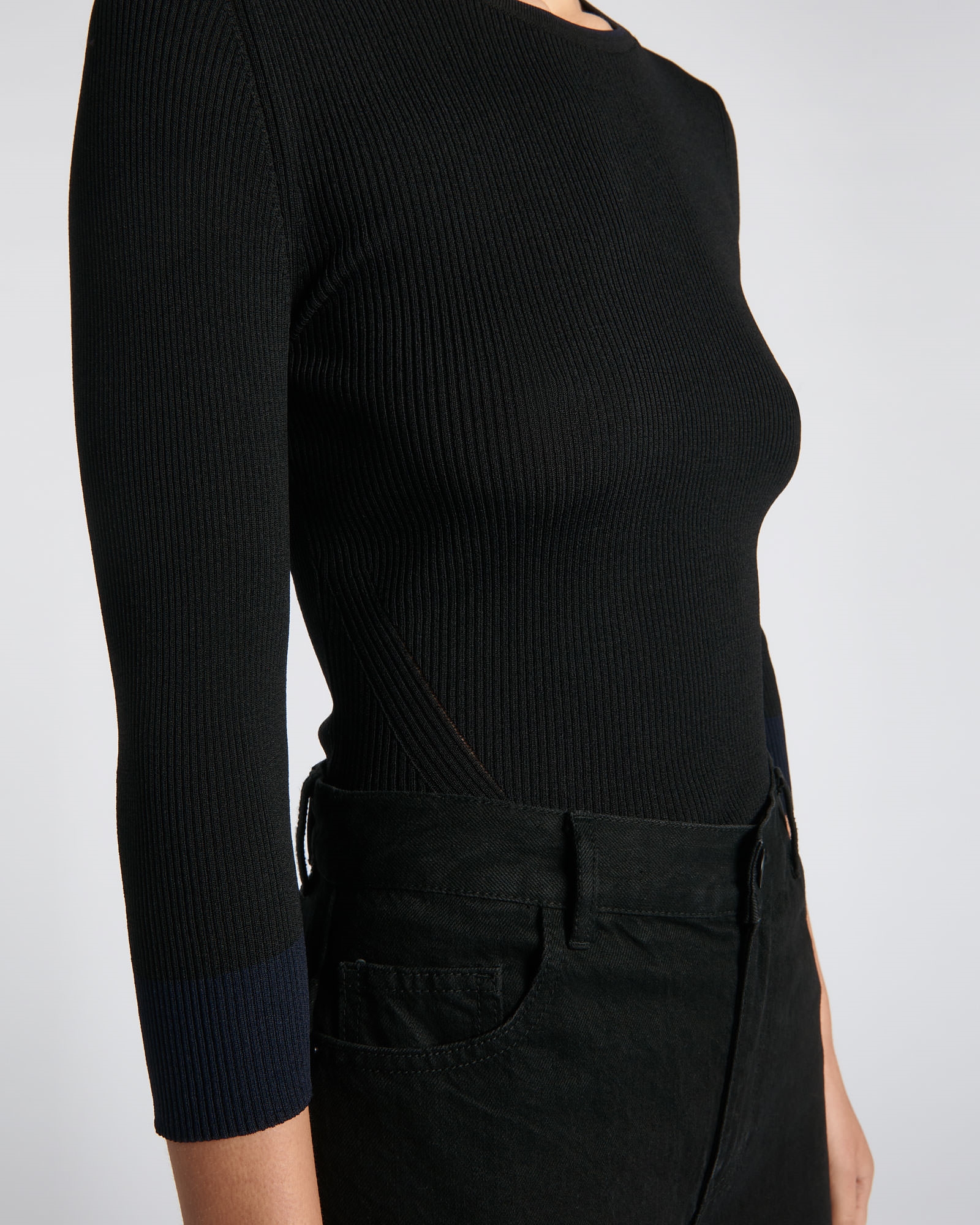 Knitwear  | Ribbed Contrast Trim 3/4 Sleeve Knit | 990 Black