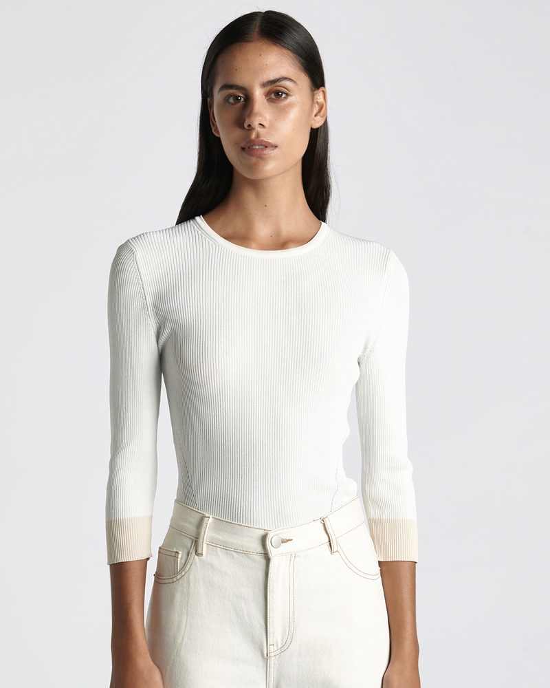 | Ivory Ribbed Contrast Trim 3/4 Sleeve Knit