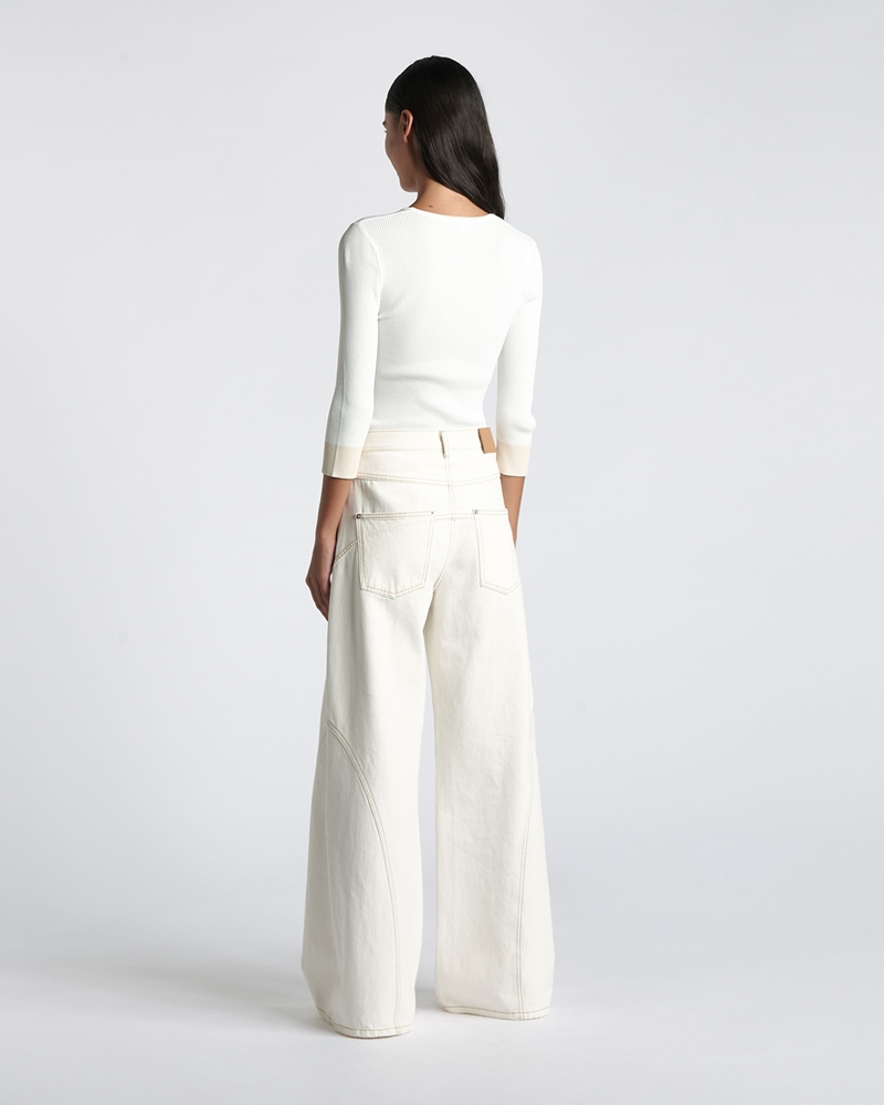 Tops and Shirts  | Ivory Ribbed Contrast Trim 3/4 Sleeve Knit | 103 Ivory