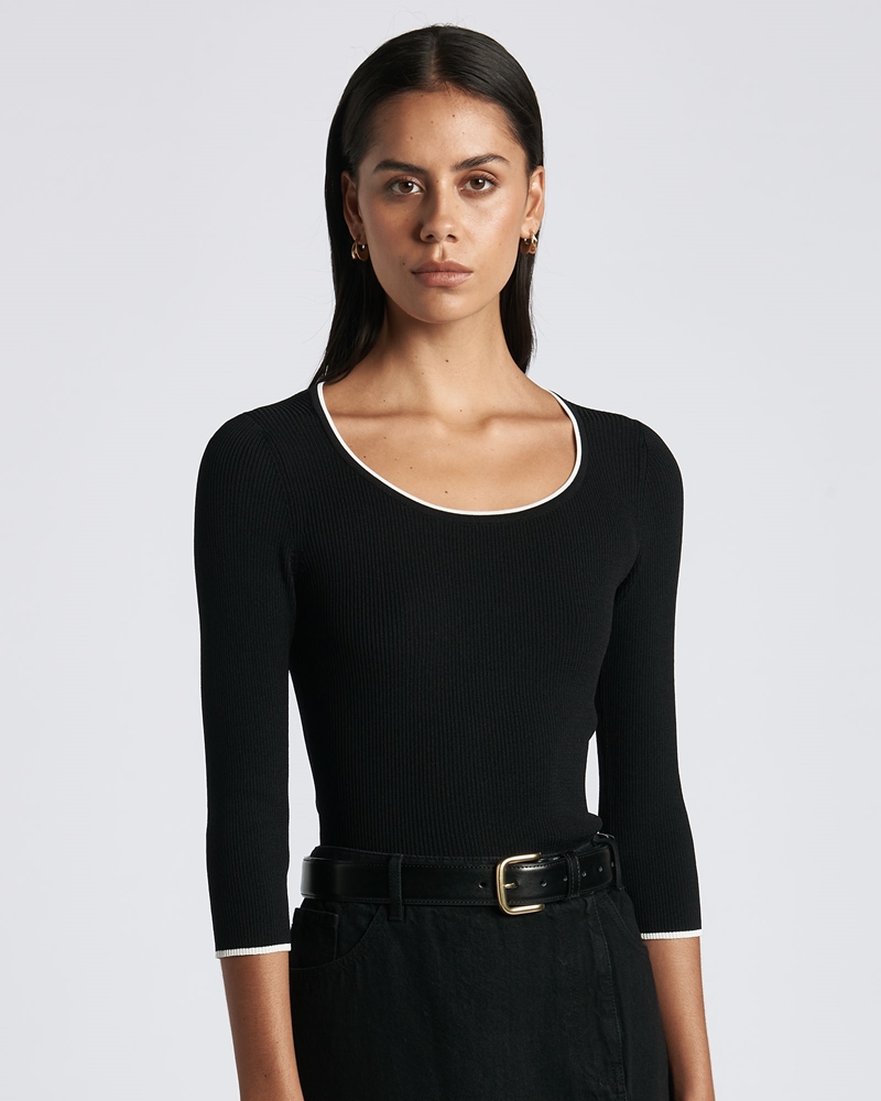 Tops and Shirts | Ribbed Contrast Trim Scoop Neck Knit | 990 Black