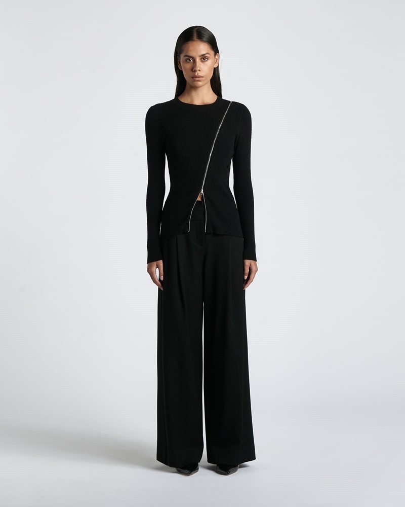 Knitwear | Asymmetric Zip Knit Top | 990 Black