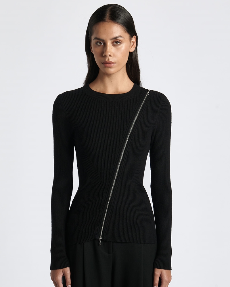 Knitwear  | Asymmetric Zip Knit Top | 990 Black
